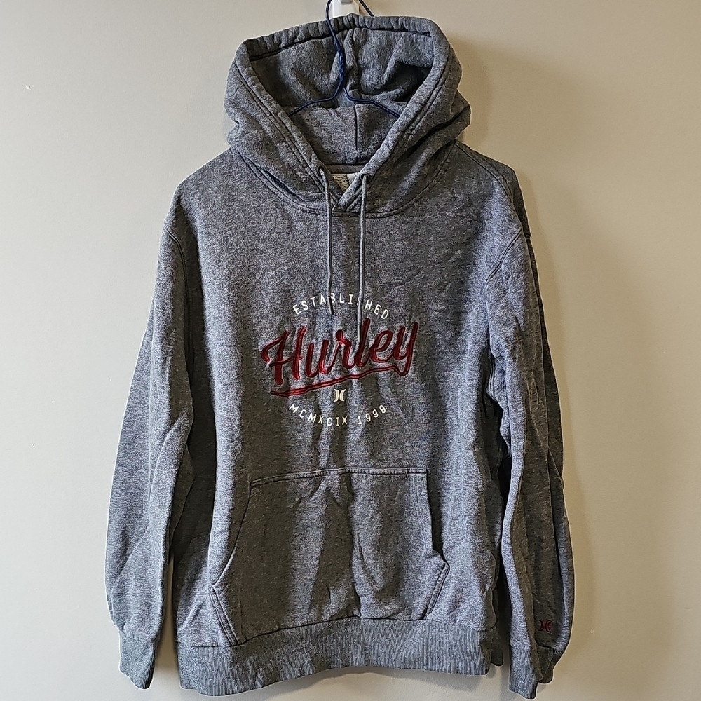 Hurley Medium Gray Pullover Hoodie with Red Script Logo